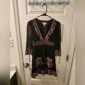 Flying Tomato Midi Dress Black Size M Lace Long Sleeves V Neck Boho #M607